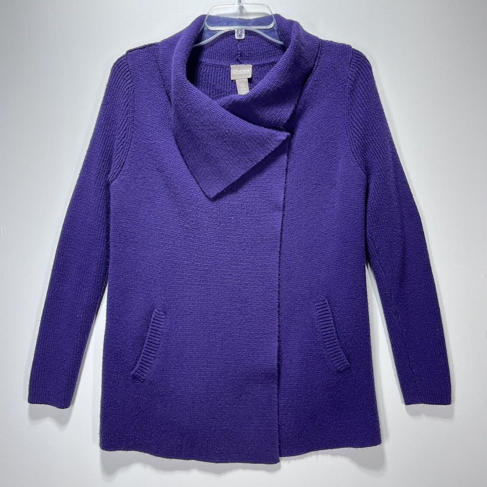 Chicos Womens Cardigan Shawl Sweater Size 0  Purple Two Snap Closure Cowl Neck